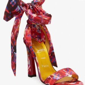 Christian Louboutin 38.5 Crosse Du Desert Disco Laser Red Ribbon Bow Heels E674